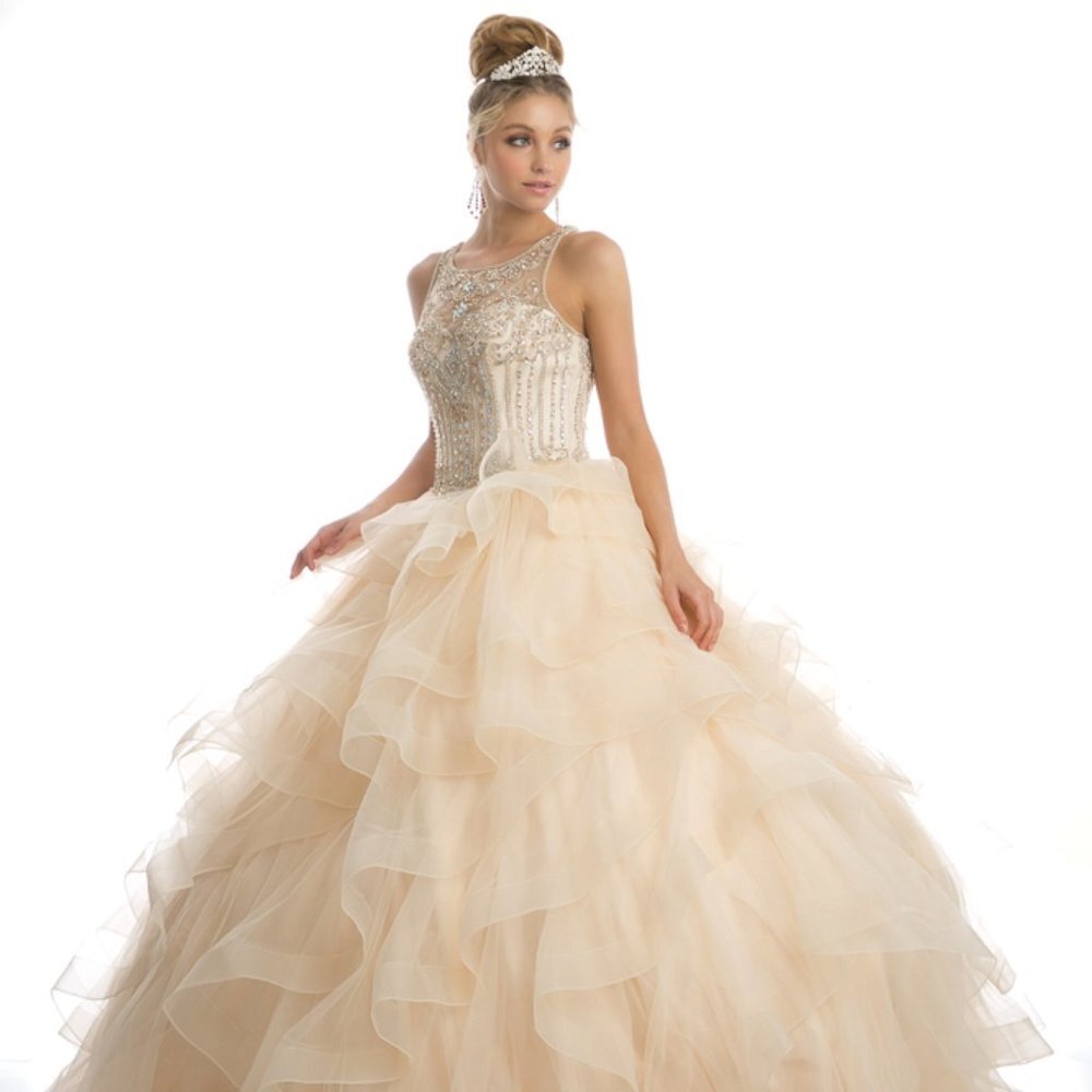 NEW LONG SLEEVELESS TULLE BALL GOWN WITH HIGH NECK EMBROIDERED WITH LACE JT 1423